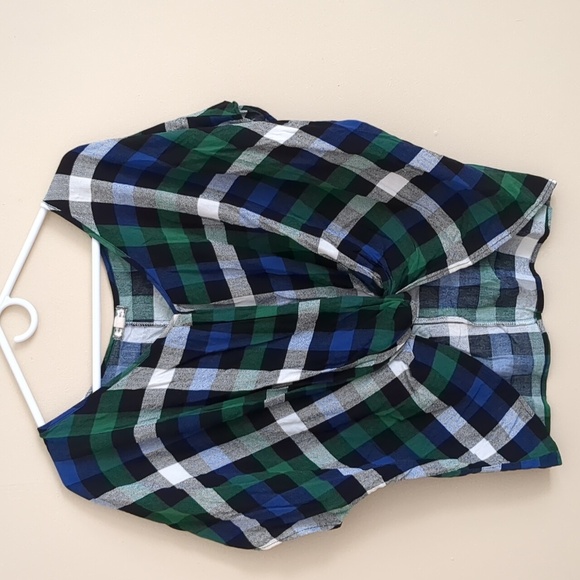 Medium Eyeshadow Plaid Green Blue White Plaid Faux Knot Front Shirt Top - Picture 1 of 14